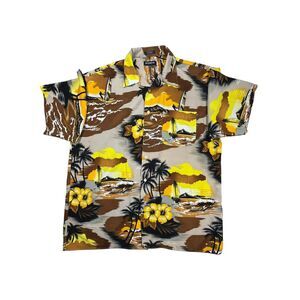 Koman Sport Hawaiian Shirt XXL Surf Palm Beach Aloha Yellow Brown